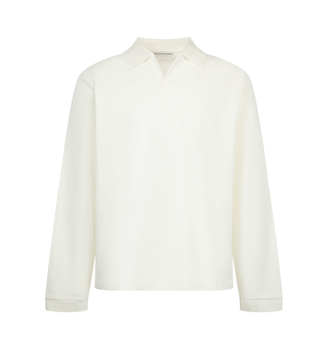 Image 1 of 2 - WHITE - Studio Nicholson Alyk Long Sleeve Polo is crafted from heavyweight dry cotton jersey and features a refined rugby-inspired silhouette designed for everyday wear and effortless layering. Detailed with a spread collar, three-button placket, ribbed cuffs, and a split hem, it combines the durability of classic sportswear with the brand's minimalist aesthetic. Main Material: 100% Cotton. Made in Portugal.