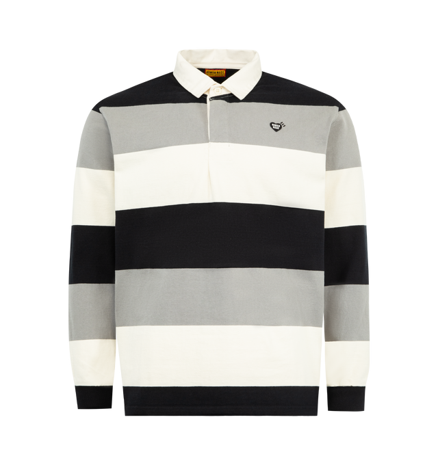Image 1 of 2 - GREY - HUMAN MADE Rugby Shirt featuring oversized fit, durable cotton, classic striped design, brand logo appears on the back and heart patch on the left chest. 100% cotton.