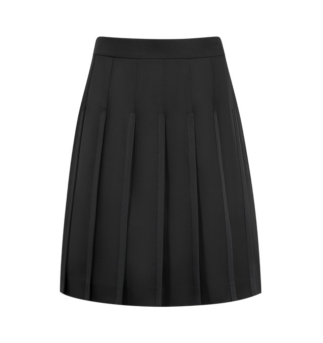 Image 1 of 3 - BLACK - THOM BROWNE Super 120's Twill Pleated Skirt featuring lightweight Super 120's Twill wool twill, bermuda length, side zip closure with RWB-detailed pull, adjustable waistband button-fastening strap, grosgrain trim at pleats, side vents with RWB grosgrain trim, stepped hem and signature striped grosgrain loop tab. 100% wool. Lining: 100% cupro. Made in Italy.