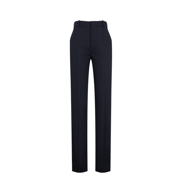 Image 1 of 3 - NAVY - Bottega Veneta Women's Trousers are crafted from Shetland wool and feature a tailored straight-leg silhouette. Designed with a mid-rise waist, belt loops, adjustable hip straps, and a zip, hook-and-eye closure, they are finished with slanted side pockets, rear welt pockets, and a center back vent. Main Material: 100% Wool. Lining: 100% Cotton. Color: Midnight Blue. Made in Italy.