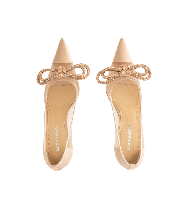 Image 4 of 4 - CHAMPAGNE - MACH & MACH Double Bow Mesh Pumps featuring a high stiletto heel, crystal double bow detailing, pointed toe and mesh upper. The heel height measures 85mm. Made in Italy.