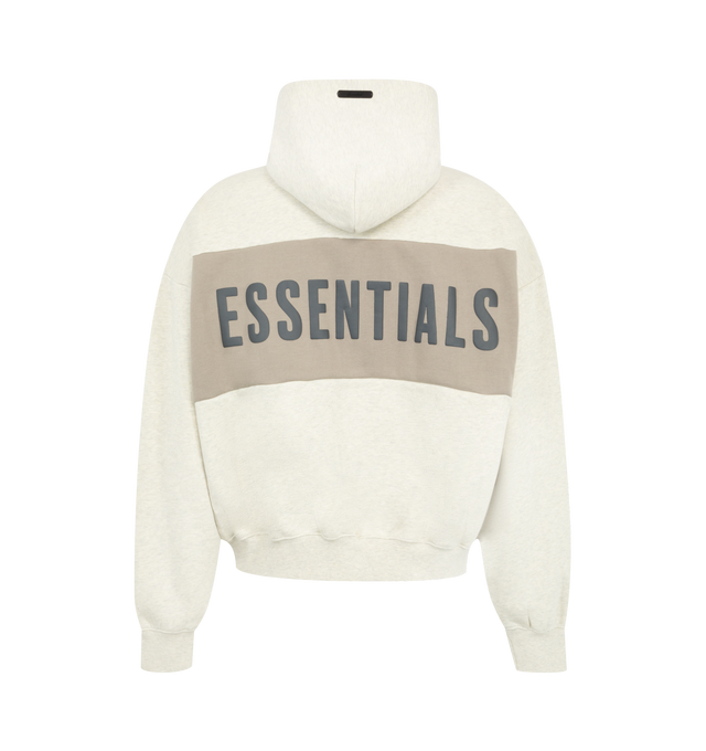 Image 2 of 2 - NEUTRAL - Fear of God Essentials Mens Cropped Relaxed Paneled Hoodie is crafted from heavyweight 380 GSM cotton-blend core fleece. Features a relaxed cropped fit, paneled construction, hood, side pockets, ribbed cuffs and hem, puff-printed Fear of God graphic at the front, puff-printed Essentials graphic at the back, and an Essentials signature label on the hood. Main Material: 80% Cotton, 20% Polyester.