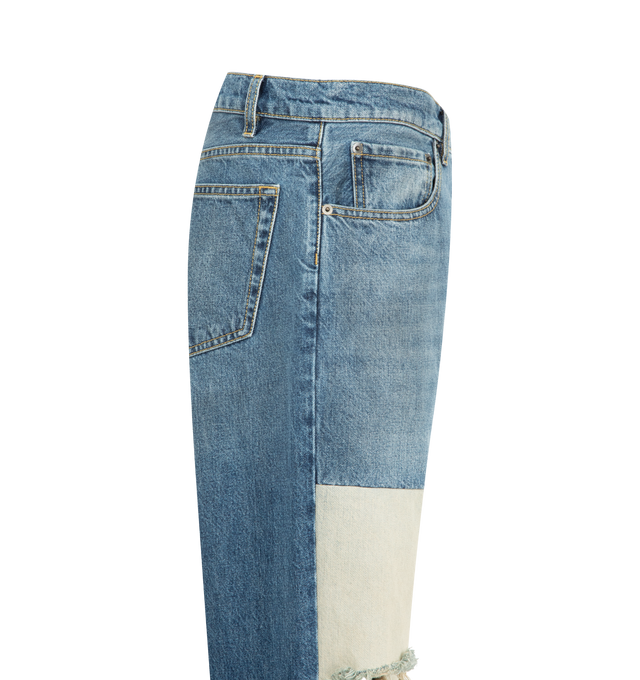 Image 3 of 3 - BLUE - MAISON MARGIELA Patched Panel Straight Jeans featuring full-length, straight-leg, distressed knees with contrast denim patches, front button and zip closure and four stitches at the back. 100% cotton. Made in Italy.