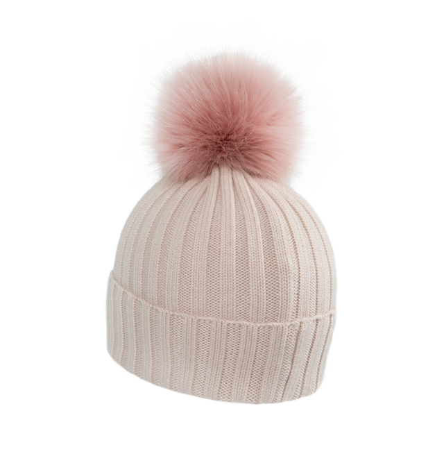 Image 2 of 2 - PINK - MONCLER Pom Pom Beanie featuring ultra-fine Merino wool, faux fur pom pom, rib knit and Gauge 5. 100% virgin wool. Made in Bulgaria. 