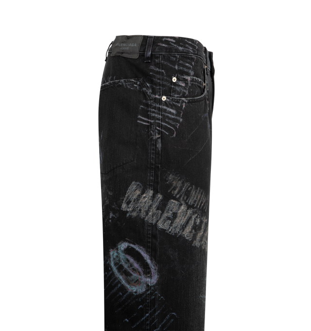 Image 3 of 3 - BLACK - BALENCIAGA Minimal Baggy Pants featuring washed crayon allover cotton denim, washed and worn-out effect, mid-waist, covered zip fly, 5 belt loops, 2 back yokes with inside pockets, Balenciaga engraved flex button and Balenciaga Jeans patch at back. 100% cotton. Made in Italy.