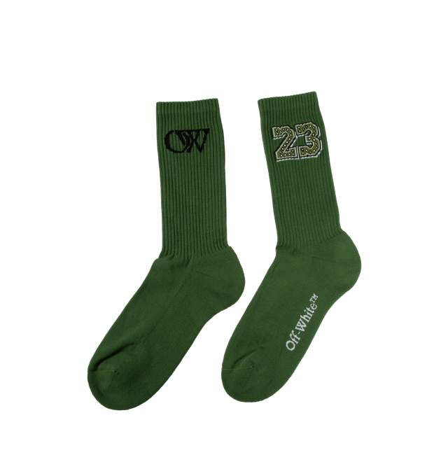 Image 2 of 2 - GREEN - OFF-WHITE 23 BANDANA SOCKS are green mid height that feature the number 23 in a bandana print on the calf with the Off White logo on the sole. 30% Polyamide 67% Cotton 3% Elastane 