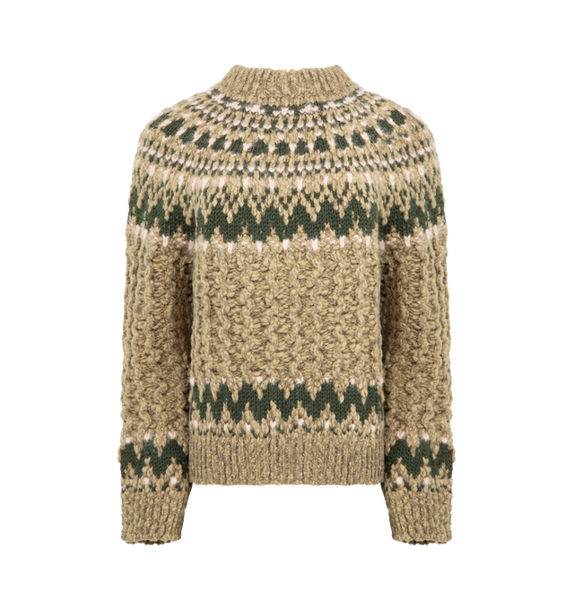 Image 1 of 3 - BROWN - MONCLER GRENOBLE Geometric Jacquard Wool Blend Sweater featuring a wool and nylon blend, jacquard knit, crew neck, 1.5 gauge and regular fit. 68% virgin wool, 25% polyamide/nylon, 6% silk, 1% elastane/spandex. Made in Italy.