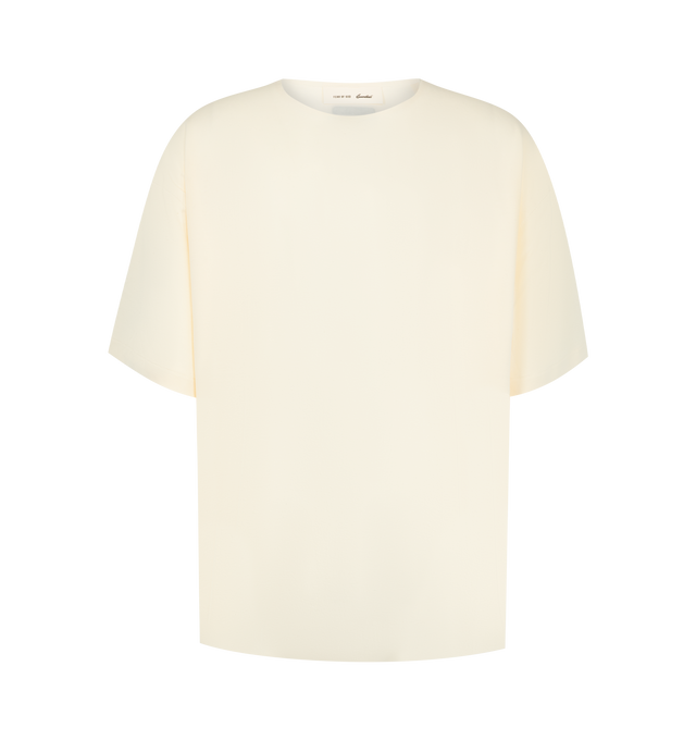 Image 1 of 2 - NEUTRAL - The Fear Of God Men's Modern Tee is crafted from 180GSM Ponte jersey and designed in a relaxed fit with dropped shoulders and 3/4-length sleeves. Details include a rib-knit collar and Essentials signature label at the center front.