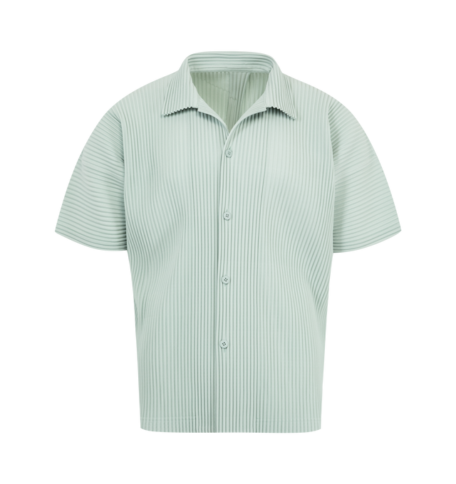 Image 1 of 2 - BLUE - ISSEY MIYAKE Pleated Shirt featuring open spread collar, button closure, tennis-tail hem, dolman sleeves and inverted box pleat at back yoke. 100% polyester. Made in Japan.