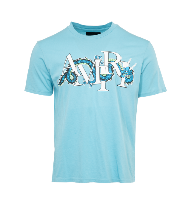 Image 1 of 2 - BLUE - AMIRI CNY DRAGON TEE is a black t-shirt that showcases a Chinese New Year-inspired graphic logo print in an air blue color on the front at the chest. This style pulls over for a comfortable fit with a crewneck and short sleeves. 100% cotton. 