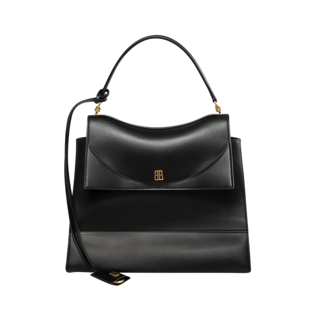 Image 1 of 3 - BLACK - BALENCIAGA Nano Medium Handbag featuring smooth thin calfskin, folded flap corners, one top handle, removable strap, crossbody, shoulder and hand carry, removable cloche cls with one split ring, shiny gold Nano BB logo hardware, studded magnet closure, 1 main compartment, 2 inner flat pocket, back zipped pocket, side snaps and nappa lambskin bonded lining. L11 x H9.8 x W4.7 inch. Made in Italy.