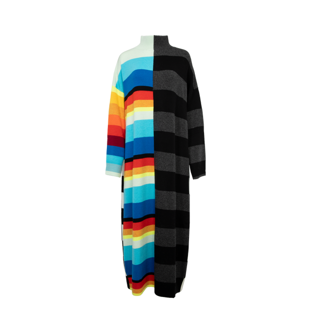 Image 1 of 4 - MULTI - CHRISTOPHER JOHN ROGERS Oversized Colorblock Striped Sweater Dress featuring colorblocked stripes on front and a checkered back, mock neckline, long sleeves, ribbed trim, full length and loose fit. Wool/nylon/polyamide. 