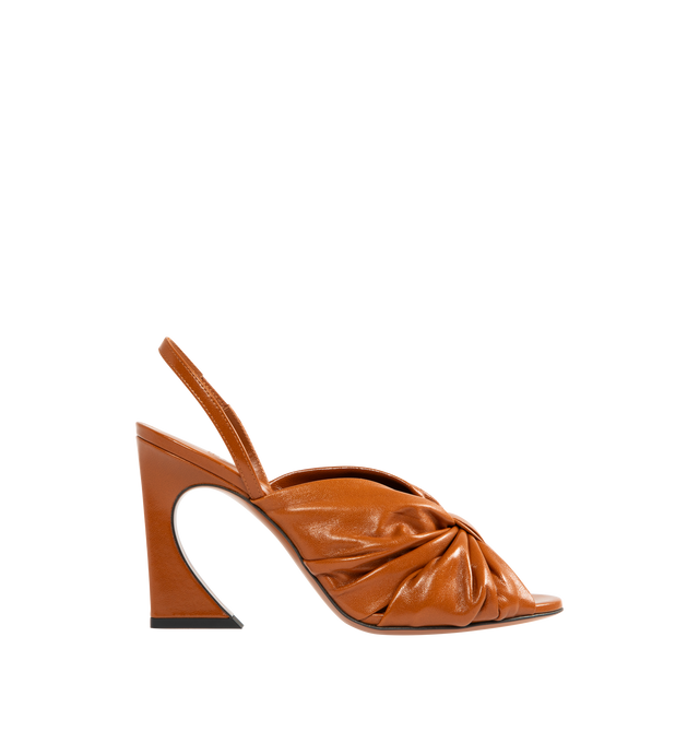 Image 1 of 4 - BROWN - FENDI Arco Slingbacks featuring almond-shaped toe, soft elasticized strap, double band gathered into a bow, sculpted high-heel covered in tone-on-tone nappa leather and gold-color metal bar engraved with the Fendi logo. Heel height: 95mm. 100% lambskin, inside: 100% calfskin. Made in Italy.