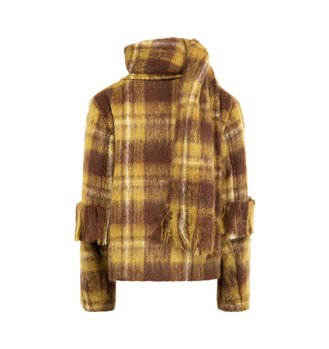 Image 3 of 4 - YELLOW - LOEWE Scarf Jacket in medium-weight mohair and wool blend featuring an allover check pattern, a detachable scarf at the collar, double layer sleeves with a fringed turn-up, regular fit, cropped length, peak lapel, button front fastening, seam pockets, inside welt pocket, back vent and fully lined. Mohair/Wool/Polyamide. Made in Italy.