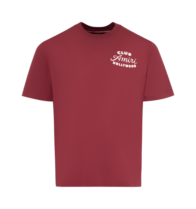 Image 1 of 2 - RED - AMIRI Club Amiri Tee featuring pull-on styling, crewneck, logo on front and back and short sleeves. 100% cotton. Made in Italy.