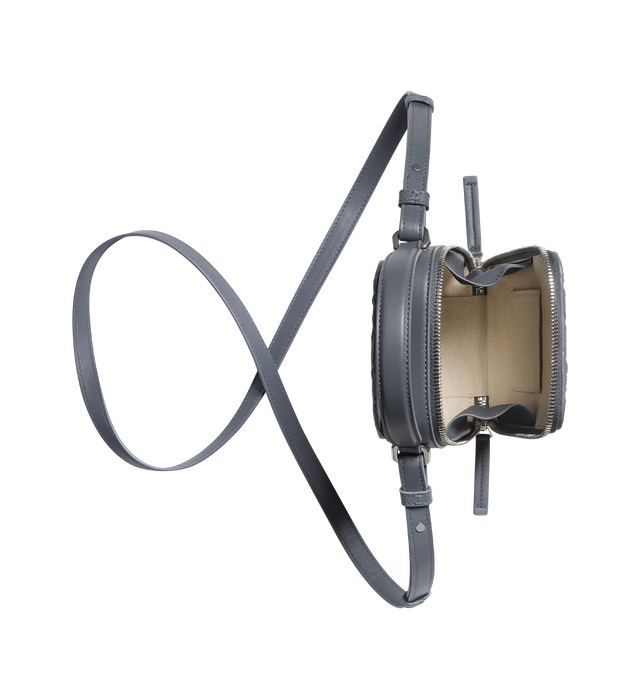 Image 4 of 4 - GREY - BOTTEGA VENETA Getaway Phone Pouch featuring intrecciato denim suede leather phone pouch, handle and adjustable cross-body strap, one main compartment, one flat inside pocket and zipper closure. Lambskin. Made in Italy.