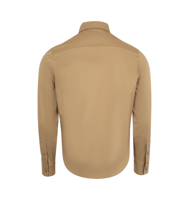 Image 2 of 3 - BROWN - Moncler Cotton Long Sleeve Shirt has a zipper and snap button closure, snap button pockets, adjustable cuffs, and a leather logo patch. 100% cotton. Made in Romania.