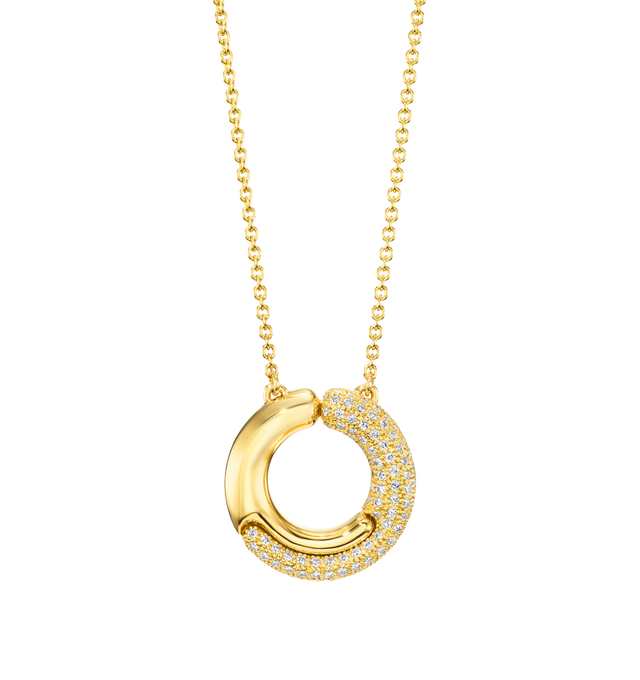 Image 1 of 5 - GOLD - PAMELA ZAMORE Holos Small Circle Diamond Necklace featuring two sculptural halves of a piece interlocking to become one. Hand-finished. 18K yellow gold, 16.5g. 1.17ct diamonds. Pendant diameter 25mm. Length: 16/18. Hirshleifers offers a range of pieces from this collection in-store. For personal consultation and detailed information about jewelry, please contact our dedicated stylist team at personalshopping@hirshleifers.com. This item may be restricted for online purchase to internati