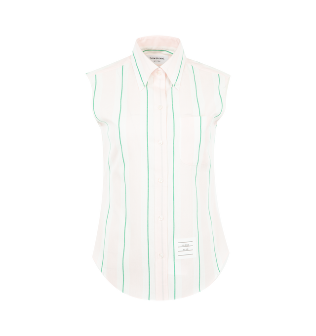 Image 1 of 3 - PINK - THOM BROWNE Madras Cotton Striped Sleeveless Shirt featuring front button closure, button-down point collar, patch chest pocket, pleated back yoke with locker loop, curved hem, name tag appliqu and signature striped grosgrain loop tab. 100% cotton. Made in Italy.