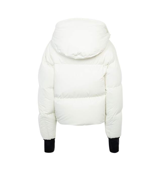 Image 2 of 3 - WHITE - MONCLER GRENOBLE Allesaz Bomber featuring stretch nylon lining, down-filled, heat-sealed seams, hood with drawstring fastening, bonded embossed "#MONCLER" graphics, YKK Aquaguard Highly Water Resistant zipper closure, exterior pockets with YKK Aquaguard Highly Water Resistant zipper closure, interior media pocket, interior stretch mesh pocket, interior powder skirt, stretch jersey wrist gaiters, ski pass pocket, Invisible Recco reflector, adjustable hem with drawstring fastening and 