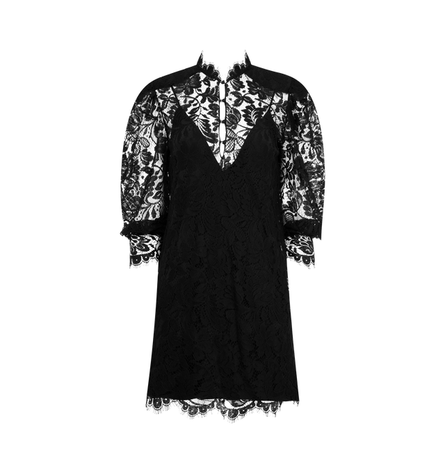 Image 1 of 2 - BLACK - CHLOE Long-Sleeve Mini Dress in lace featuring high-neck, mini length, floral lace with a separate silk-mix lining, long puff sleeves, back hook & zipper fastening and fabric-covered buttons. 79% cotton, 21% polyamide. Lining: 76% acetate fiber, 24% silk.
