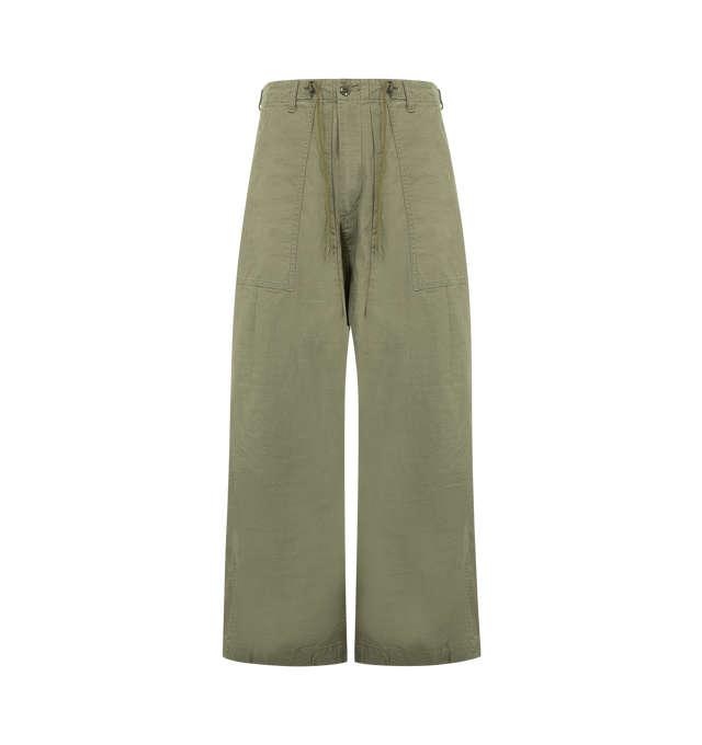 Image 1 of 3 - GREEN - NEEDLES H.D. Pant featuring paneled construction, zipper and button closure, adjustable drawstring at the waist, two side welted pockets, two back pockets with flap and button closure and oversized fit. 100% cotton. Made in Japan.