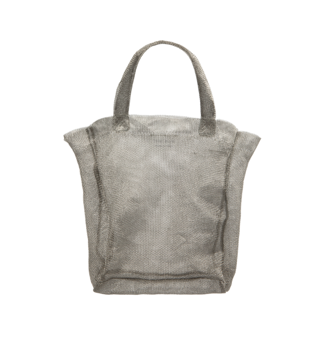 Image 1 of 3 - SILVER - THE ROW Imogen Mini Tote Bag in Steel featuring semi-transparent steel with two flat top handles and single interior compartment. Unlined. 6 x 2 x 7.5 in. Handle: 3.5 in. drop. 87% steel, 13% polyester. Made in Italy.