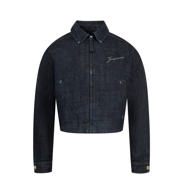 Image 1 of 3 - NAVY - JACQUEMUS Canevas de-Nmes Denim Jacket featuring straight fit, cotton denim, long sleeves, workwear collar, zip closure with denim puller, contrast bartacks, side welt pockets, buttoned cuffs with corozo button and embroidered Calisson patch with logo on the back. 100% cotton. Lining: 65% polyester, 35% cotton. Made in Italy.