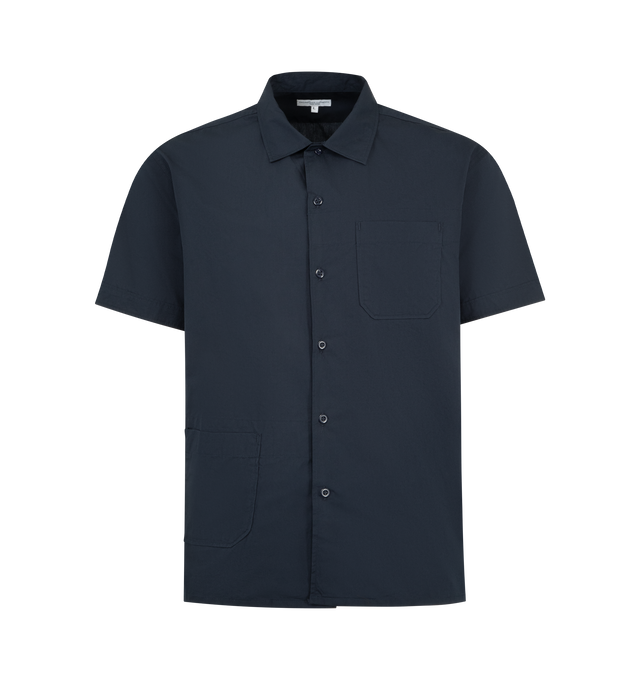 Image 1 of 2 - NAVY - ENGINEERED GARMENTS Camp Shirt featuring short-sleeves, a relaxed open collar, diagonally positioned patch pockets and button closure. 100% cotton. Made in USA.