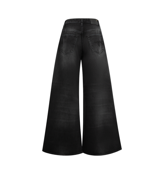 Image 2 of 3 - BLACK - R13 Nico Wrap Jeans featuring wide leg, asymmetrical wrap waist, distressing throughout, belt loops, five-pocket styling, zip fly and leather logo patch at back waistband. 100% cotton. Made in Italy.