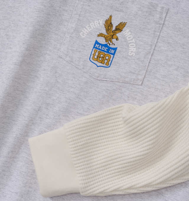 Image 3 of 7 - GREY - Cherry LA Men's Motors Layered Thermal T-Shirt is crafted from a poly-cotton blend and features a boxy-fit silhouette with custom layered thermal sleeves. Designed with a chest pocket, screen-printed graphics at the chest and back, and a relaxed everyday fit, this style combines vintage-inspired layering details with Cherry LA's signature graphic aesthetic. Main Material: Poly-Cotton Blend. Made in Los Angeles, California.