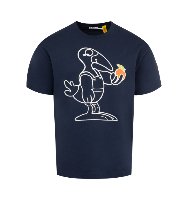 Image 1 of 2 - NAVY - Moncler x Gilga Farm Designed by Donald Glover Cotton T-Shirt featuring heavy cotton jersey, ribbed crew neck, short sleeves, embroidered logo motif and logo patch. 100% cotton. Made in Turkey.