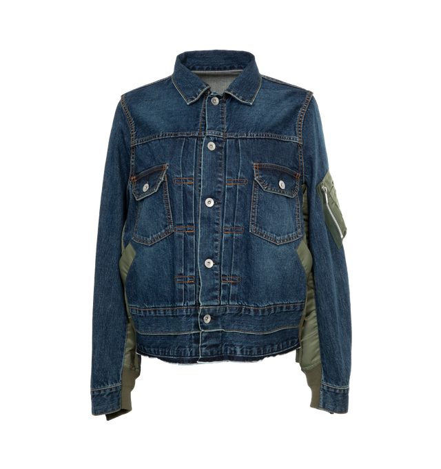 Image 1 of 3 - BLUE - SACAI Denim x Nylon Twill Jacket featuring front button closure, spread collar, long sleeves with ribbed cuffs, chest button-flap patch pockets, front welt pockets, sleeve zip utility pocket and partially lined. 100% cotton with 100% nylon contrast. Made in Japan.