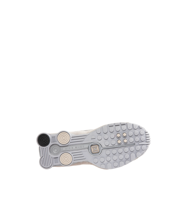 Image 4 of 5 - GREY - NIKE Shox R4 Sneaker featuring suede and leather upper, laser perforations, lace up closure, Nike Shox columns and circular Waffle outsole