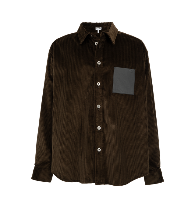 Image 1 of 2 - BROWN - Loewe Men's Cotton Corduroy Shirt is crafted in a medium-weight cotton corduroy featuring a contrasting leather chest patch pocket. Features: Relaxed fit, regular length, Classic collar, Button front fastening, Buttoned cuffs, Debossed Double L placed on the chest pocket.