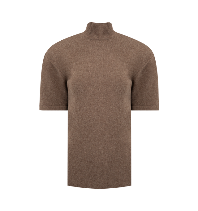 Image 1 of 2 - BROWN - JACQUEMUS Castagna Knit Top featuring fitted shape, soft wool cashmere knit, ribbed mock-neck, rounded shoulder pads, elbow-length sleeves and J loop on the back. 90% Merino wool, 10% cashmere. Made in Portugal.