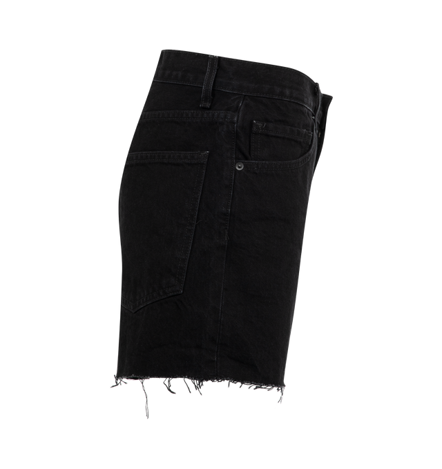 Image 3 of 3 - BLACK - Nili Lotan Cobain Frayed Denim Shorts featuring a frayed hem, mid-rise, straight fit, mid-thigh length, five-pocket style, button/zip fly, belt loops. Cotton. Made in USA.