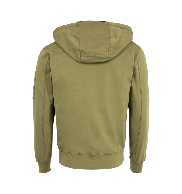 Image 2 of 3 - GREEN - C.P. COMPANY Light Fleece Hooded Full Zip Sweatshirt featuring adjustable hood, full zip fastening, lens detail, ribbed cuffs and hem, garment dyed and regular fit. 100% cotton.