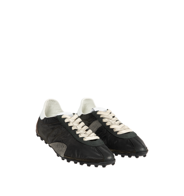 Image 2 of 5 - GREY - MAISON MARGIELA Sprinters Sneakers featuring low-top sneakers in drill cotton with vintage treatment, stripe down the center of the toe area, cleated rubber sole with numerical logo details, logo label on the tab and white stitching at the back. 54% polyester, 46% cotton. 100% calf leather. Made in Italy.