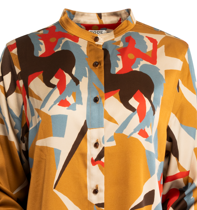 Image 3 of 3 - MULTI - BODE Deco Mare Silas Shirt featuring a band collar, trimmed with brown glass beads, elongated fit and button front. 100% viscose. Made in Portugal. 