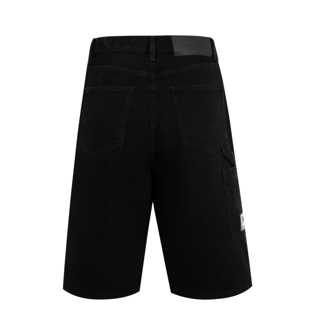 Image 2 of 3 - BLACK - Nahmias Denim Baggy Carpenter Shorts featuring regular fit, button closure, hammer loop on the back, carpenter pocket on the back and leather patch on the back. 100% cotton.