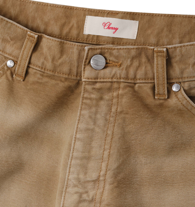 Image 4 of 8 - NEUTRAL - Cherry LA Wide Leg Double Knee Pants are crafted from durable cotton canvas and feature a wide-leg silhouette with reinforced double-knee construction. Designed with a vintage-washed finish and distressed detailing throughout, this workwear-inspired style is finished with branded nickel hardware and a signature logo label at the back pocket. Main Material: Cotton Canvas. Fit: Wide Leg. Made in Los Angeles, California.