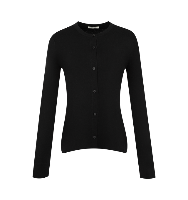 Image 1 of 2 - BLACK - THE ROW Okino Cardigan featuring long-sleeved crewneck cardigan in jersey with slim fit, covered stitch detailing and horn button closure. 50% cotton, 50% silk. Made in Italy.