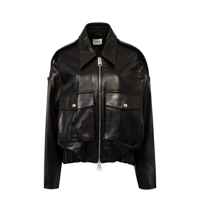 Image 1 of 3 - BLACK - KHAITE Owey Jacket featuring a sculptural bomber in exceptionally soft and lightweight plong leather, relaxed fit, rounded blouson silhouette, dropped shoulder seams, ruching at banded hem, elongated collar, epaulets, and sleeves, signature hardware at two-way zipper, patch pockets at front and lined in silky cupro twill. 100% lamb.