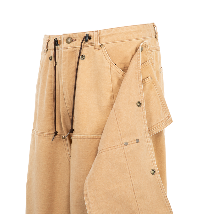 Image 4 of 4 - BROWN - Needles Men's H.D. Apron Pant is crafted from sulfur-dyed duck canvas and features the brand's signature H.D. silhouette with a voluminous, sculptural leg shape. Combining apron-inspired workwear detailing with durable utility fabric, this distinctive style reinterprets classic workwear through an exaggerated contemporary fit. Main Material: 100% Cotton. Made in Japan.