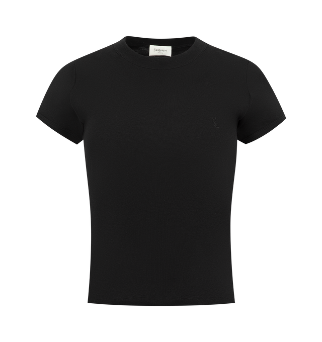 Image 1 of 2 - BLACK - SAINT LAURENT Ribbed T-Shirt featuring fitted crewneck, short sleeves and a tonal logo patch at the chest. 100% cotton. Made in France.