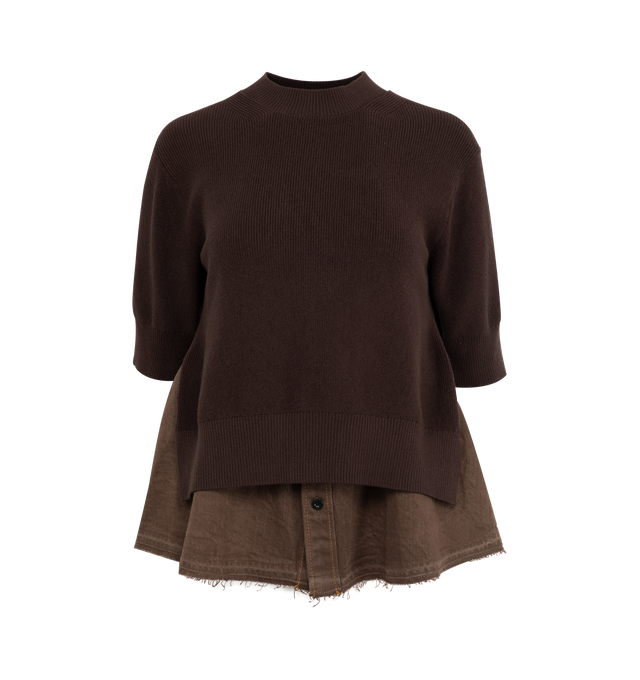 Image 1 of 2 - BROWN - SACAI Denim X Knit Pullover featuring crew neckline, short sleeves with ribbed trims, denim under panelling and knit outer fabric. 57% cotton, 43% polyester. Made in Japan.