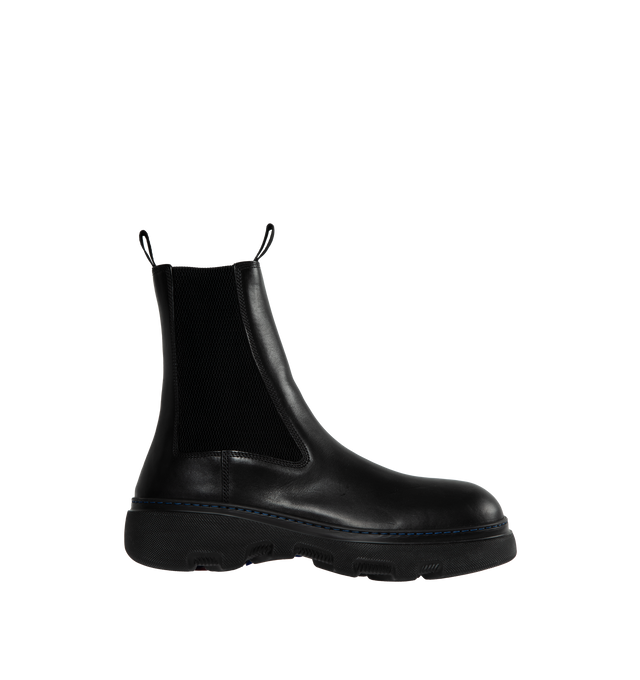 Image 1 of 4 - BLACK - BURBERRY Gabriel Leather Creeper Chelsea Boots featuring contrast topstitching, chunky heel, round toe, gored sides, front and back pull tab, logo lettering on the sole and pull-on style. 100 % leather. Made in Italy. 
