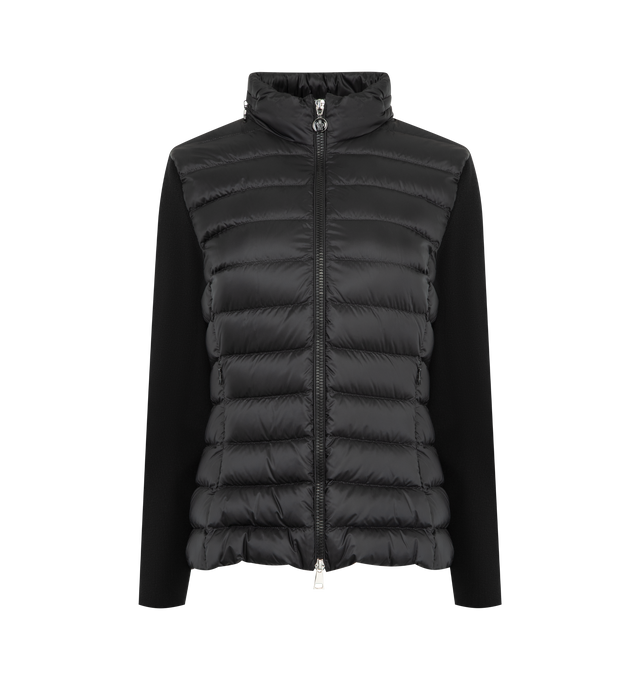 Image 1 of 4 - BLACK - MONCLER Zip-Up Cardigan featuring longue saison lining, down-filled longue saison front, stand collar and zipper closure. 100% polyamide/nylon. 100% virgin wool. Padding: 90% down, 10% feather.