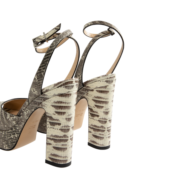 Image 3 of 4 - MULTI - Fendi Women's After 9 Platform Sandals are crafted from calfskin with a parchment and black tegu print and feature an open-toe silhouette, a platform sole, an adjustable ankle strap, and a wide leather-covered heel with a tone-on-tone tegu print. These designer platform sandals combine bold texture with elevated craftsmanship for statement evening styling. Main Material: 100% Calfskin. Lining: 100% Goatskin. Heel Height: 125 mm. Made in Italy.